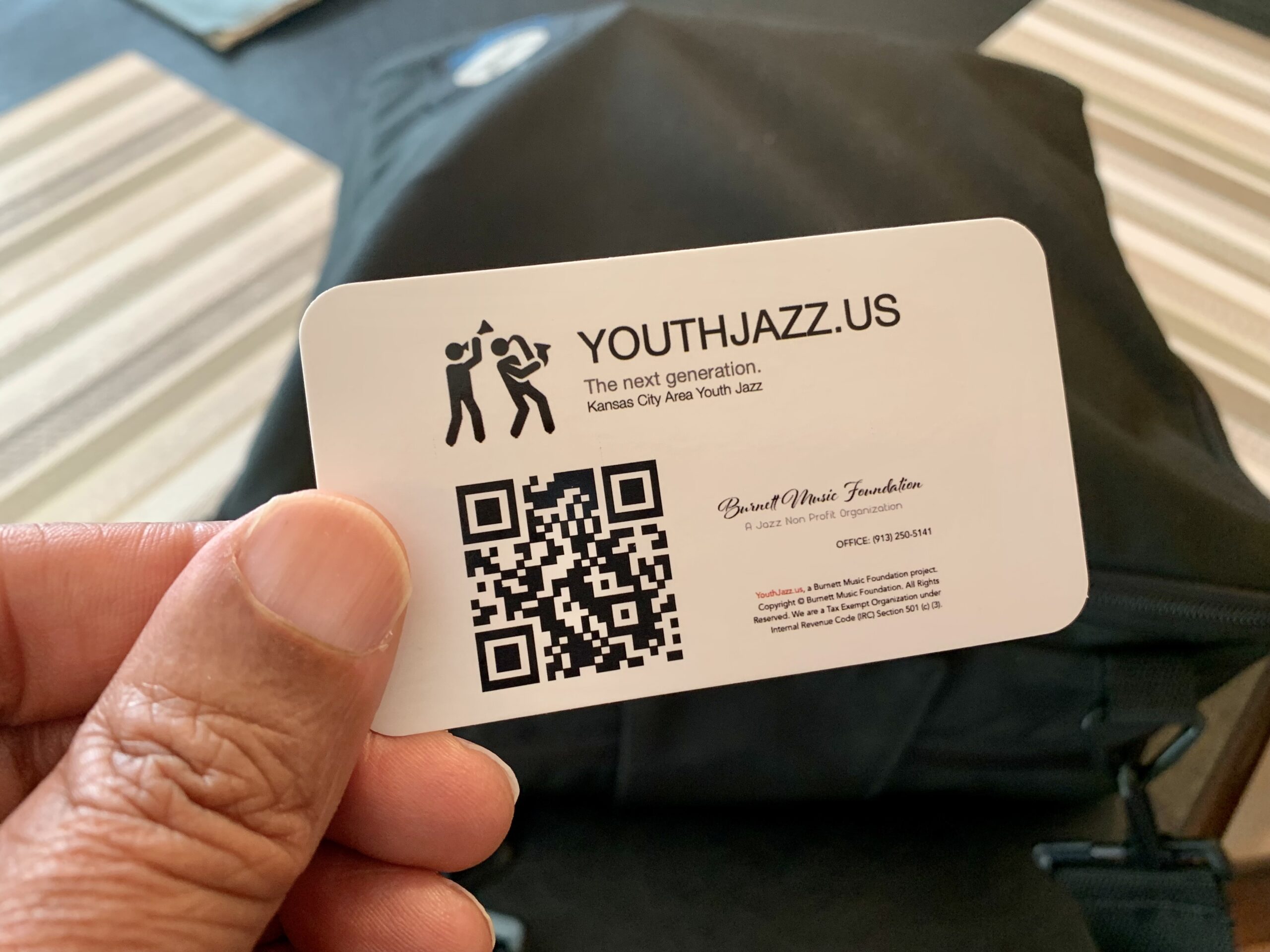 KANSAS CITY AREA YOUTH JAZZ business card photo with QR code that links to the youth jazz website